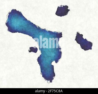 Mappa Caraibi Paesi Bassi con linee tracciate e illustrazione blu acquerello Foto Stock