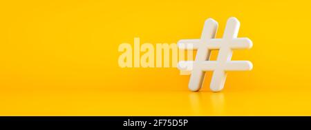 simbolo hashtag bianco su sfondo giallo, rendering 3d, mock-up panoramico Foto Stock