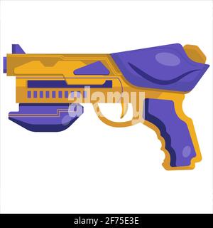 Vector clip art blaster. Illustrazione concettuale delle armi aliene. Pistola ad energia per il design dei giochi. Disegno colorato per un design boyish. Illustrazione Vettoriale