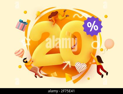 Vendita mega. 20% di sconto. Offerta speciale con persone in volo. Poster o banner della promozione. Illustrazione vettoriale Illustrazione Vettoriale