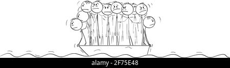 Gruppo grande di persone o uomini d'affari che si levano in piedi senza pietà su piccola Lifeboat. Figura del bastone del cartone vettoriale Illustrazione Vettoriale