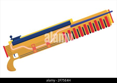 Vector clip art blaster. Illustrazione concettuale delle armi aliene. Pistola ad energia per il design dei giochi. Disegno colorato per un design boyish. Illustrazione Vettoriale