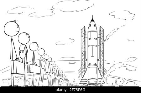 Fila di persone in attesa di Spaceflight, lancio della nave spaziale. Figura del bastone del cartone vettoriale Illustrazione Vettoriale