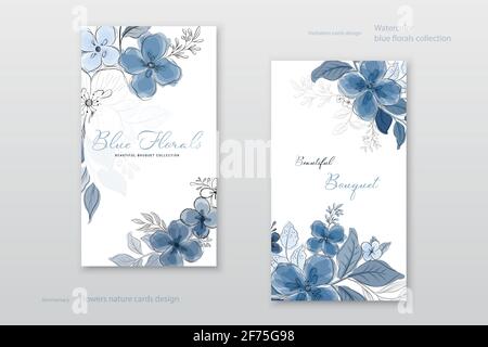 Bella collezione di carte fiori blu acquerello. Decorativo vettore floreale elegante può essere utilizzato come cartoline, biglietto d'auguri, anniversario, matrimonio Illustrazione Vettoriale