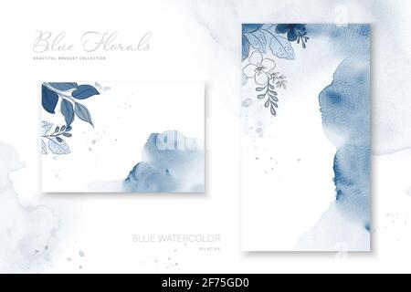 Bella illustrazione blu bouquet progettato sulla superficie delle macchie acquerello. Decorativo vettore floreale elegante può essere utilizzato come sfondo, po Illustrazione Vettoriale