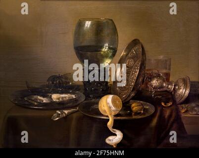 Natura morta con ostriche, un Rummer, un limone e un recipiente di argento, da Willem Claesz Heda, 1634, Boijmans van Beuningen Museum di Rotterdam Paesi Bassi, Euro Foto Stock