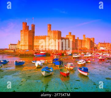 Regno Unito, Galles, Gwyned, Castello di Caernarfon, tramonto, bassa marea, Foto Stock