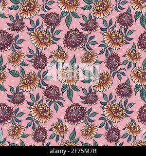Motivo medievale rosa senza cuciture con fiori fantasy in colori muti. Sfondo floreale senza cuciture per tessuti, tessuti, copertine, sfondi, stampa, regalo Foto Stock