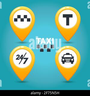 Icone servizio taxi. Tassisti con pedine a scacchi, taxi auto, T-segno, e ventiquattro-sette segno su sfondo blu. lat stile Vector illustrazione Illustrazione Vettoriale