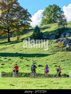 Gruppo Senior facendo una gita in bicicletta nella splendida natura della Germania meridionale Foto Stock