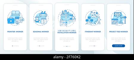 I lavoratori migranti utilizzano la schermata blu dell'app mobile onboarding con concetti Illustrazione Vettoriale