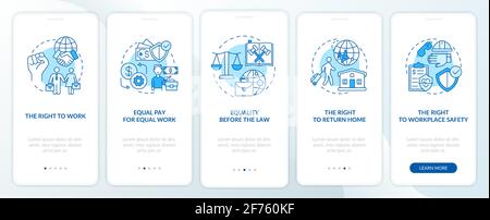 Schermata blu della pagina dell'app mobile onboarding per i diritti dei lavoratori migranti con concetti Illustrazione Vettoriale