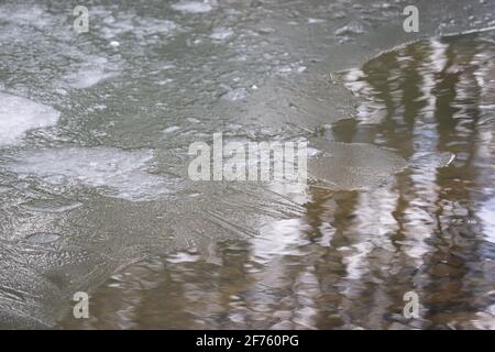 Ghiaccio che si scioglie sul fiume. Bordo di ghiaccio sulla riva, scongelamento, stagione primaverile Foto Stock