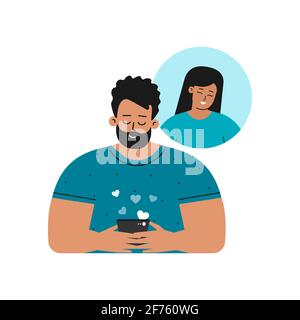 Concetto di isolamento vettoriale. Stile cartoon piatto. Felice latino-americano ragazzo sta testando al telefono con la sua ragazza asiatica. App mobile per incontri online. Illustrazione Vettoriale