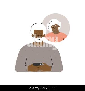 Concetto piatto isolato vettoriale. L'anziano afro-americano invia un messaggio telefonico alla moglie anziana. App mobile per incontri online e relazioni. Illustrazione Vettoriale