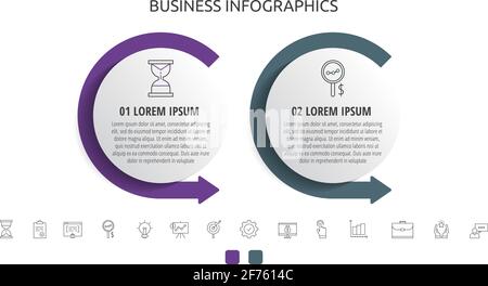 Infografica moderna e semplice di cerchi vettoriali piatti con 2 passi, frecce. Timeline per diagramma, business, web, layout del flusso di lavoro, presentazioni, diagramma di flusso Illustrazione Vettoriale