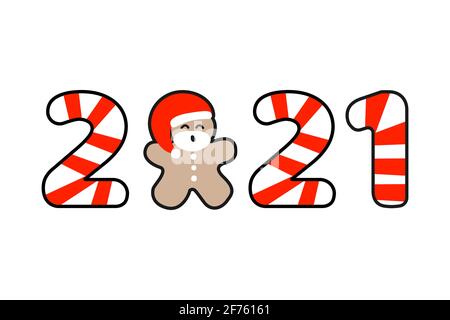 Modello di illustrazione vettoriale (per etichetta adesiva o banner) con pan di zenzero uomo con cappello rosso di Babbo Natale e testo di 2021 anni. Anno nuovo e Natale Illustrazione Vettoriale