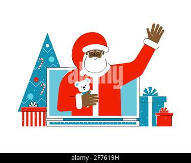 Vector isolato concetto piatto con scatole regalo e albero di natale. Personaggio cartoon di Babbo Natale afroamericano. Saluta le persone dal computer Illustrazione Vettoriale