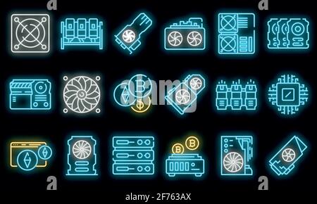 Set di icone per l'azienda mineraria. Contorno insieme di icone vettoriali di aziende minerarie colore neon su nero Illustrazione Vettoriale