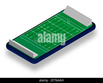 campo da rugby sportivo con cancelli e palla sullo schermo dello smartphone. Giochi online, tecnologie moderne nel settore dello sport e dell'intrattenimento. Vettore ismetrico Illustrazione Vettoriale