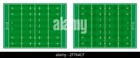 il campo di rugby marchia linee con diversi tipi di erba, campo da rugby vista dall'alto. Campo sportivo per attività ricreative. Vettore Illustrazione Vettoriale