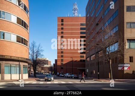 Centro città con vecchi mattoni e vecchie strade a Portland, Maine. Foto Stock