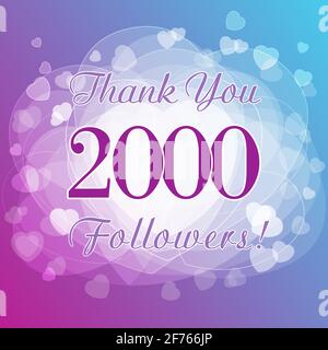 Grazie 2000 Followers card. Foto per i network amici, mi piace segno e condivisioni di Grazie. Numeri blu delle festività, simbolo dei cuori dei tag isolati. Congra Illustrazione Vettoriale