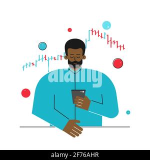 Concetto di piatto vettoriale. L'uomo afroamericano è commerciante che lavora in linea sullo scambio di stock. L'investitore analizza i dati sul grafico a barre, decide di acquistare azioni. Illustrazione Vettoriale