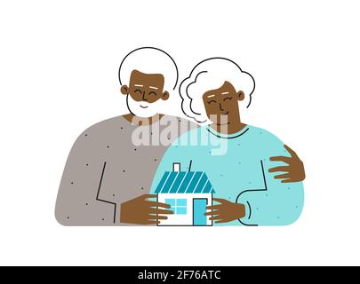 Concetto di isolamento piatto vettoriale. Cartoni animati di ipotecario anziani. Gli alti proprietari afro-americani hanno poco a casa. L'anziano abbraccia sua moglie. Illustrazione Vettoriale