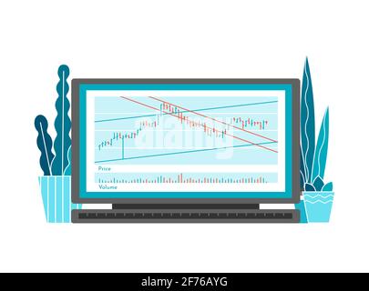 Concetto vettoriale con flat computer sulla scrivania in ufficio domestico. Tecnologia online per gli investitori in borsa. Analisi dei dati su grafico a barre, decisione Illustrazione Vettoriale