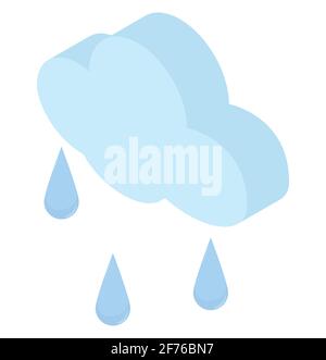 Icona di gocce di pioggia isometriche e nuvola blu. Semplice illustrazione meteo 3d isolata su sfondo bianco. Illustrazione Vettoriale