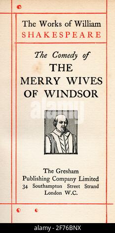 La pagina del titolo dal Shakespeare gioca le mogli allegre di Windsor. Dalle opere di William Shakespeare, pubblicato intorno al 1900 Foto Stock