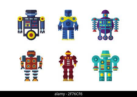 Set di colori di robot in stile piatto. Robot vintage, Banner con Robot Toys Collection Illustrazione Vettoriale