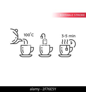 Icona vettore della linea di istruzioni per la preparazione del tè. Tazza da tè, sacchetto, simboli del contorno della teiera, tratto modificabile. Illustrazione Vettoriale