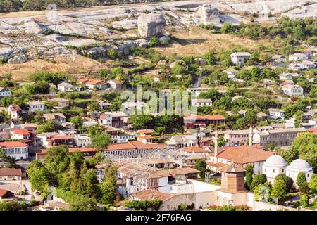 Vista dall'alto del palazzo Khan e della città di Bakhchisaray Foto Stock