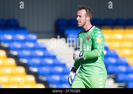 LONDRA, REGNO UNITO. 5 APRILE: Alex Cairns dei gesti di Fleetwood Town durante la partita Sky Bet League 1 tra AFC Wimbledon e Fleetwood Town a Plough Lane, Wimbledon, Londra, lunedì 5 aprile 2021. (Credit: Federico Maranesi | MI News) Credit: MI News & Sport /Alamy Live News Foto Stock