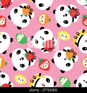 Kawaii panda e frutti senza giunture vettore pattern sfondo. Gli orsi dei cartoni animati e i frutti dei personaggi ridenti sparsi su sfondo rosa. Design divertente con cute Illustrazione Vettoriale