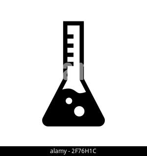 Matraccio di vetro con soluzione chimica. Elemento per laboratori, scienza e istruzione. Icona Vector nera su sfondo bianco. Illustrazione Vettoriale