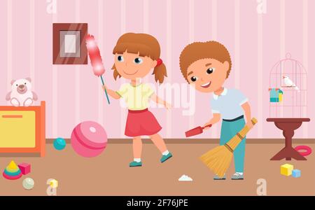 I bambini puliscono i lavori domestici della stanza dei giochi, il bambino del ragazzo tiene la scopa e lo scoop, la pulizia della ragazza Illustrazione Vettoriale