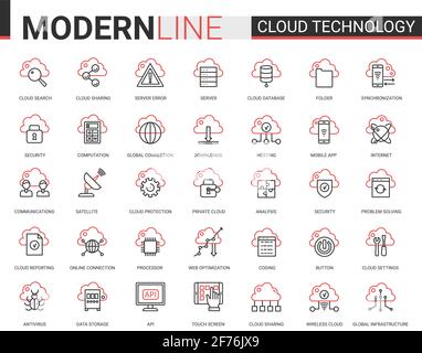 Tecnologia dati cloud icone di linee di contorno rosse nere Imposta vettore illustrazione Illustrazione Vettoriale