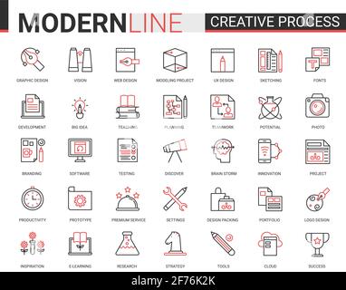 Icone di linee nere del contorno rosso del processo di lavoro creativo. Statistiche, elaborazione dati su dashboard digitale, progetto di idea di sviluppo. Illustrazione Vettoriale