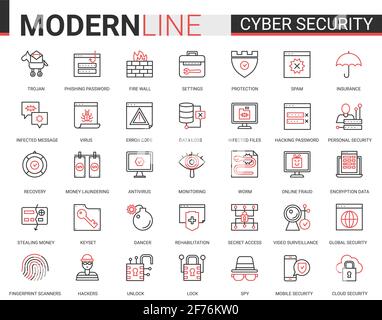 Set di icone di linea nera rossa per Cyber Security Illustrazione Vettoriale