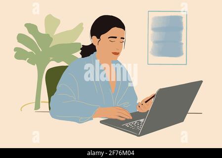 Bella donna con foglie di piante dietro a lavorare su un computer portatile in ufficio a casa. Lavoro a distanza. Illustrazione vettoriale. Illustrazione Vettoriale