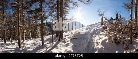 Panorama invernale dal monte Kocheler Sonnenspitz in Baviera, Germania in inverno Foto Stock