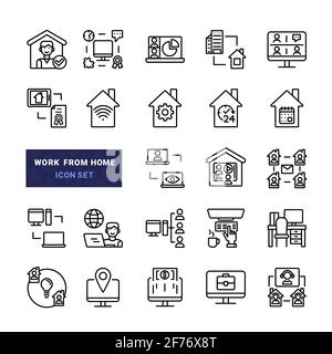Set di icone correlate resta e lavora da casa. Inclusi, ad esempio Workspace, Video Conference, Freelance Worker e molto altro. Illustrazione Vettoriale