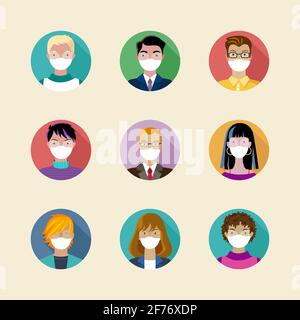 Persone Avatar Icon Set indossare maschere mediche viso. Illustrazione vettoriale persone. Icone uomini e donne isolate Illustrazione Vettoriale