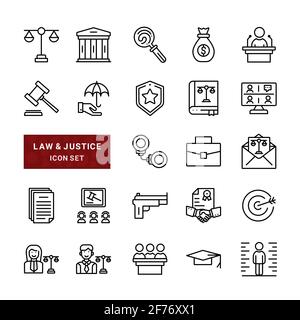 Set di icone delle linee vettoriali relative a legge e giustizia. Contiene icone come Avvocato, bracciale, Giudice e molto altro. Illustrazione Vettoriale