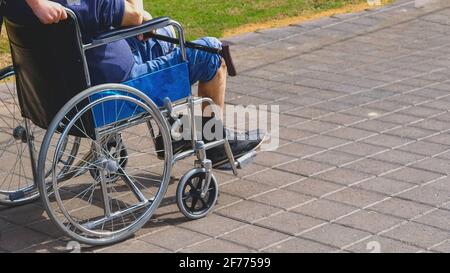 Uomo anziano con diabete e malattie renali seduto su sedia a rotelle a piedi con assistente nel parco. Foto Stock