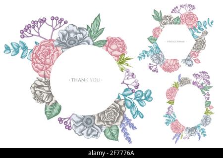 Cornici floreali con rose pastello, anemone, eucalipto, lavanda, pony, viburnum Illustrazione Vettoriale