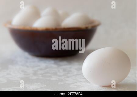 Uovo bianco con ciotola marrone di uova in background Foto Stock